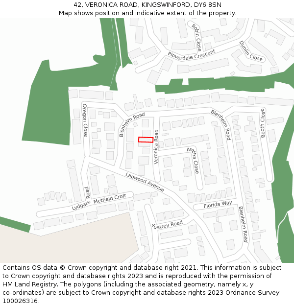 42, VERONICA ROAD, KINGSWINFORD, DY6 8SN: Location map and indicative extent of plot