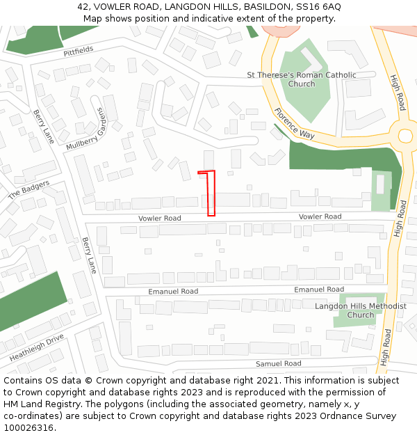 42, VOWLER ROAD, LANGDON HILLS, BASILDON, SS16 6AQ: Location map and indicative extent of plot