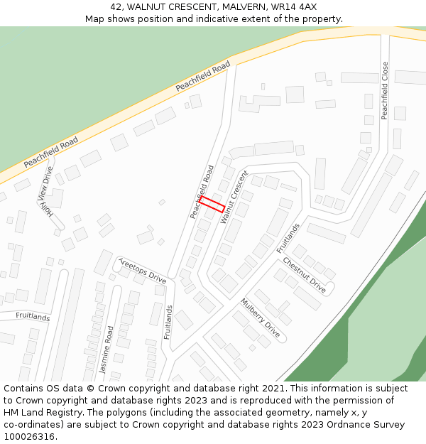 42, WALNUT CRESCENT, MALVERN, WR14 4AX: Location map and indicative extent of plot