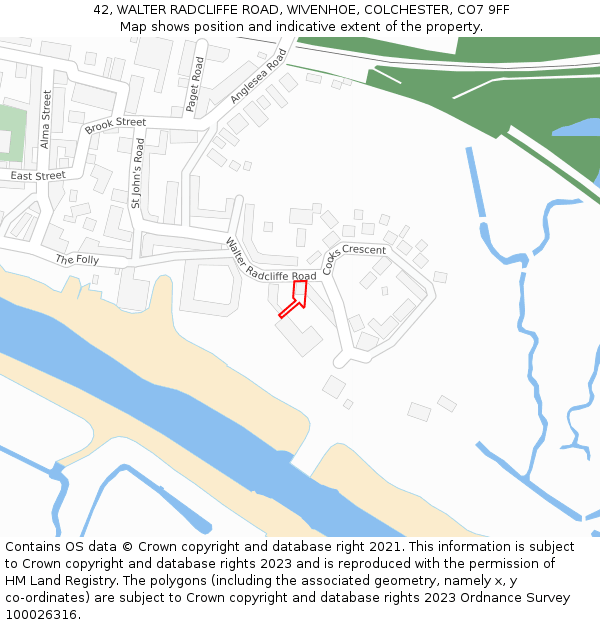 42, WALTER RADCLIFFE ROAD, WIVENHOE, COLCHESTER, CO7 9FF: Location map and indicative extent of plot