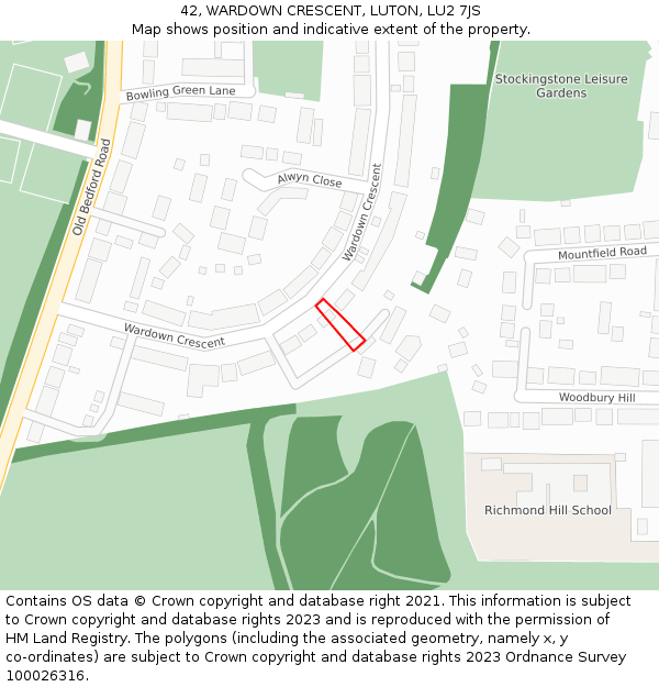 42, WARDOWN CRESCENT, LUTON, LU2 7JS: Location map and indicative extent of plot