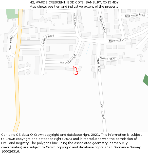 42, WARDS CRESCENT, BODICOTE, BANBURY, OX15 4DY: Location map and indicative extent of plot