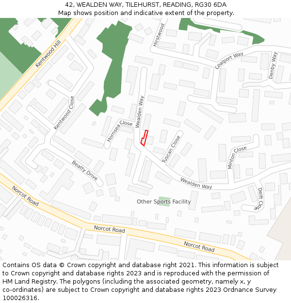 42, WEALDEN WAY, TILEHURST, READING, RG30 6DA: Location map and indicative extent of plot
