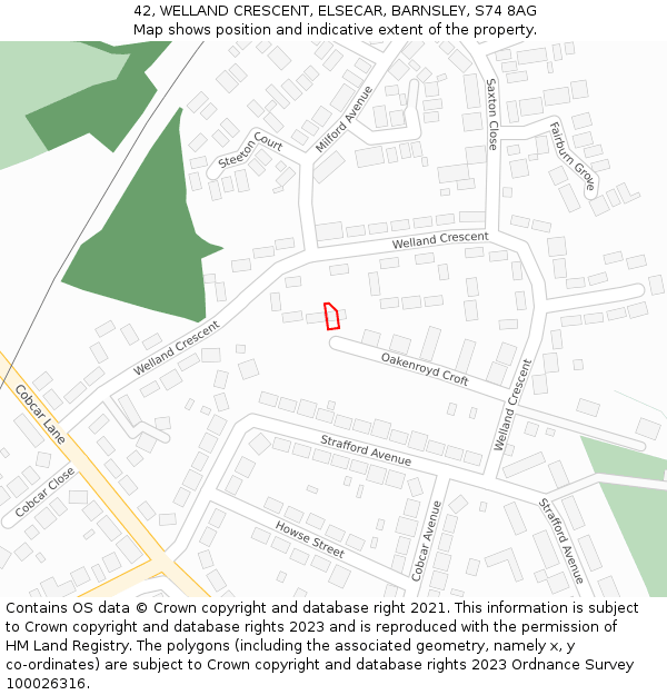 42, WELLAND CRESCENT, ELSECAR, BARNSLEY, S74 8AG: Location map and indicative extent of plot