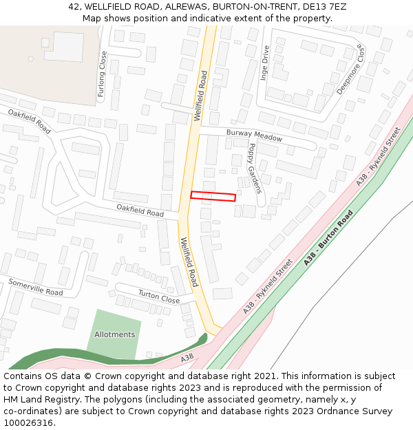 42, WELLFIELD ROAD, ALREWAS, BURTON-ON-TRENT, DE13 7EZ: Location map and indicative extent of plot