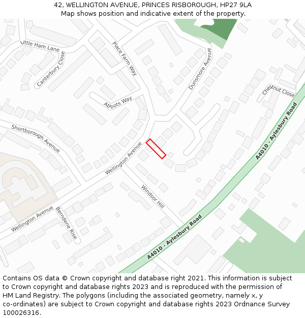 42, WELLINGTON AVENUE, PRINCES RISBOROUGH, HP27 9LA: Location map and indicative extent of plot