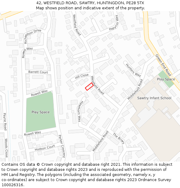 42, WESTFIELD ROAD, SAWTRY, HUNTINGDON, PE28 5TX: Location map and indicative extent of plot