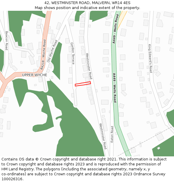 42, WESTMINSTER ROAD, MALVERN, WR14 4ES: Location map and indicative extent of plot