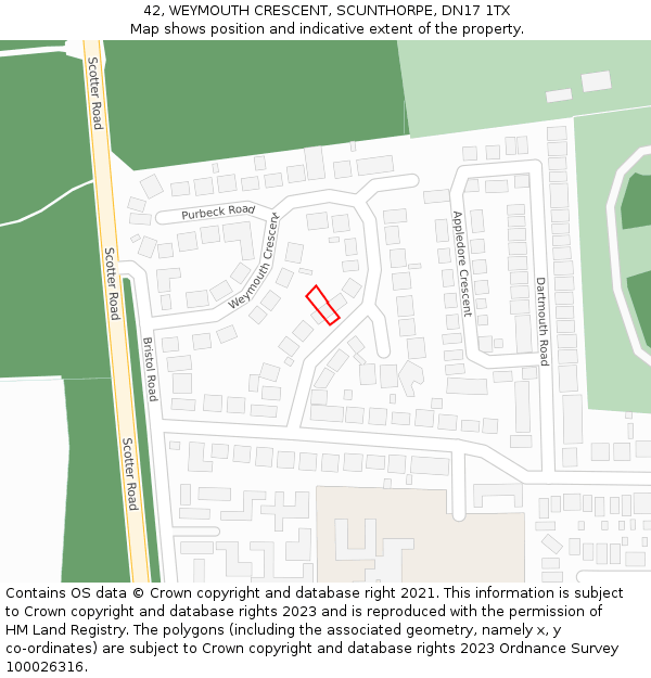 42, WEYMOUTH CRESCENT, SCUNTHORPE, DN17 1TX: Location map and indicative extent of plot