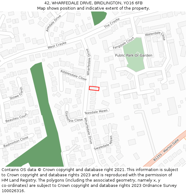 42, WHARFEDALE DRIVE, BRIDLINGTON, YO16 6FB: Location map and indicative extent of plot