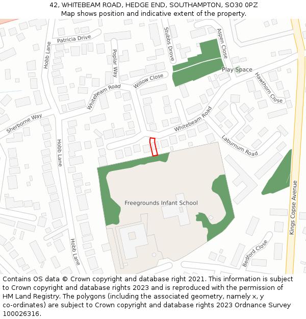 42, WHITEBEAM ROAD, HEDGE END, SOUTHAMPTON, SO30 0PZ: Location map and indicative extent of plot