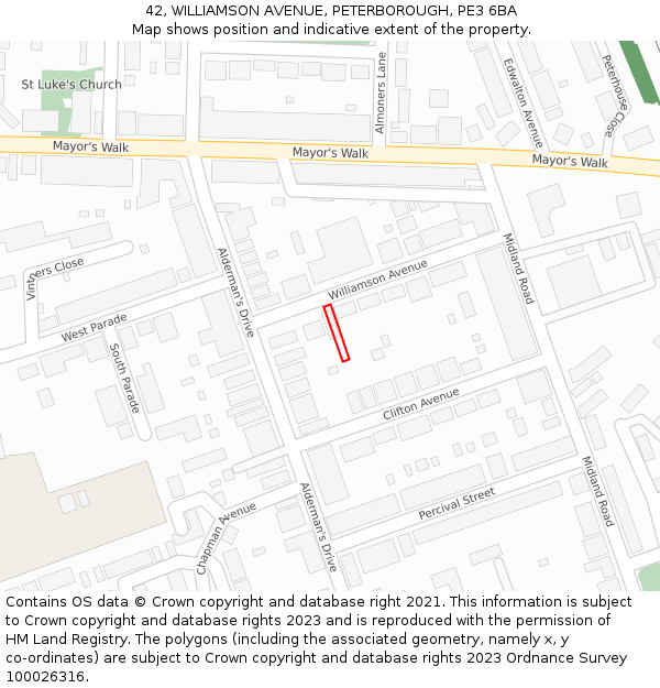 42, WILLIAMSON AVENUE, PETERBOROUGH, PE3 6BA: Location map and indicative extent of plot