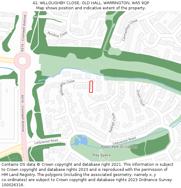 42, WILLOUGHBY CLOSE, OLD HALL, WARRINGTON, WA5 9QP: Location map and indicative extent of plot