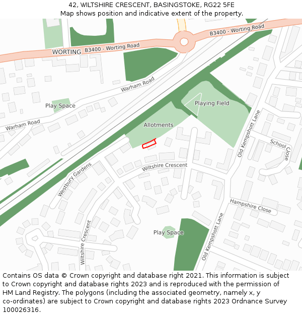 42, WILTSHIRE CRESCENT, BASINGSTOKE, RG22 5FE: Location map and indicative extent of plot