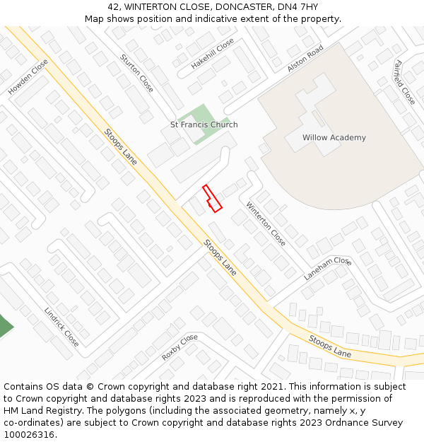 42, WINTERTON CLOSE, DONCASTER, DN4 7HY: Location map and indicative extent of plot