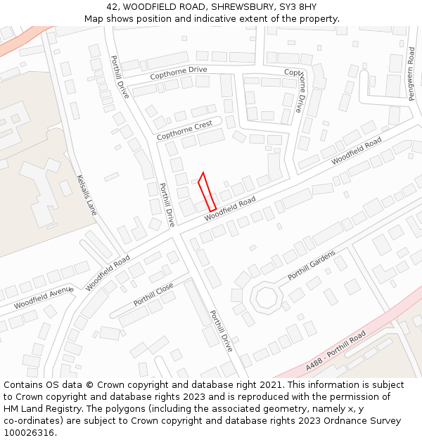 42, WOODFIELD ROAD, SHREWSBURY, SY3 8HY: Location map and indicative extent of plot