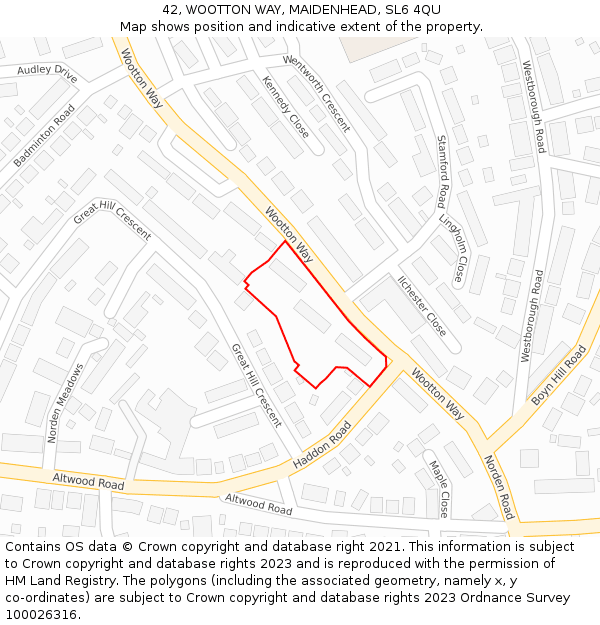 42, WOOTTON WAY, MAIDENHEAD, SL6 4QU: Location map and indicative extent of plot