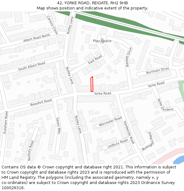 42, YORKE ROAD, REIGATE, RH2 9HB: Location map and indicative extent of plot