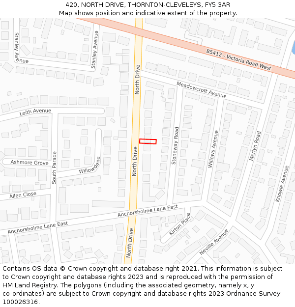 420, NORTH DRIVE, THORNTON-CLEVELEYS, FY5 3AR: Location map and indicative extent of plot