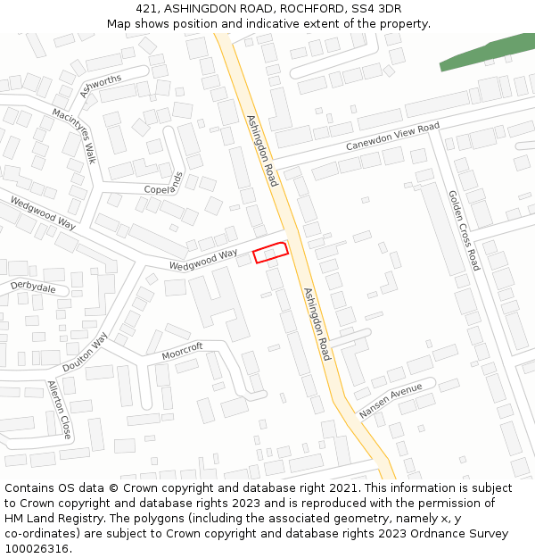 421, ASHINGDON ROAD, ROCHFORD, SS4 3DR: Location map and indicative extent of plot