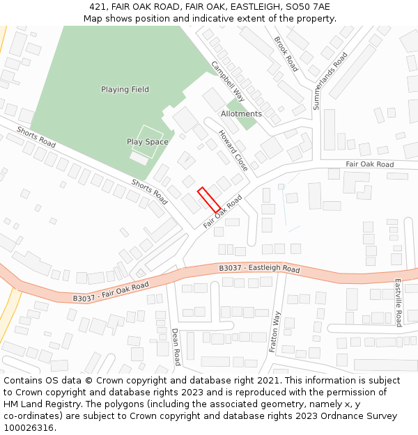 421, FAIR OAK ROAD, FAIR OAK, EASTLEIGH, SO50 7AE: Location map and indicative extent of plot