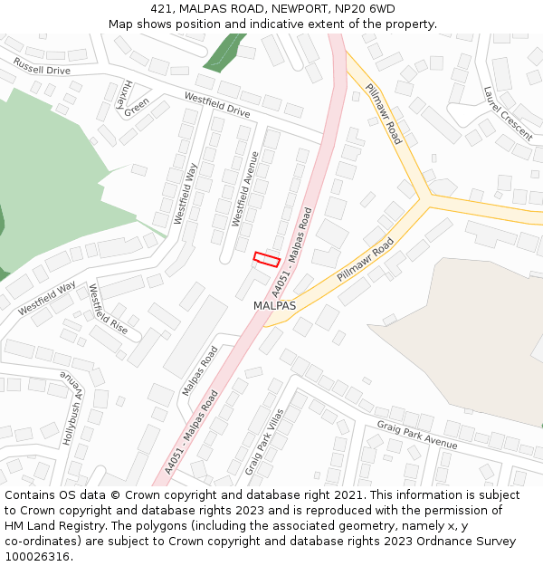 421, MALPAS ROAD, NEWPORT, NP20 6WD: Location map and indicative extent of plot