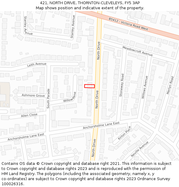 421, NORTH DRIVE, THORNTON-CLEVELEYS, FY5 3AP: Location map and indicative extent of plot