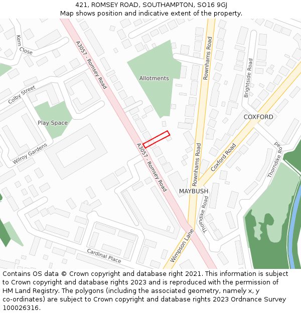 421, ROMSEY ROAD, SOUTHAMPTON, SO16 9GJ: Location map and indicative extent of plot