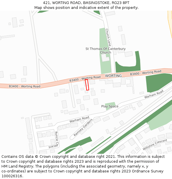 421, WORTING ROAD, BASINGSTOKE, RG23 8PT: Location map and indicative extent of plot