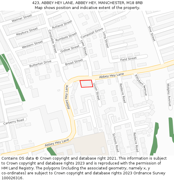 423, ABBEY HEY LANE, ABBEY HEY, MANCHESTER, M18 8RB: Location map and indicative extent of plot