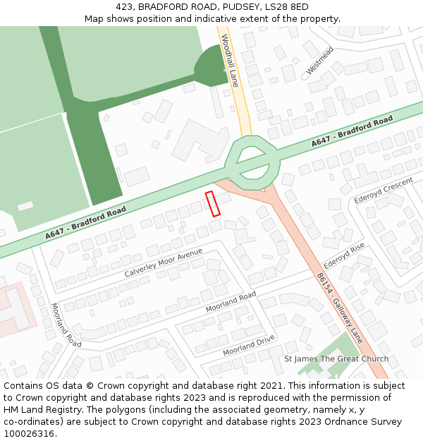 423, BRADFORD ROAD, PUDSEY, LS28 8ED: Location map and indicative extent of plot