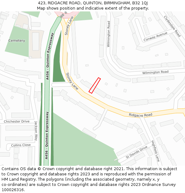 423, RIDGACRE ROAD, QUINTON, BIRMINGHAM, B32 1QJ: Location map and indicative extent of plot