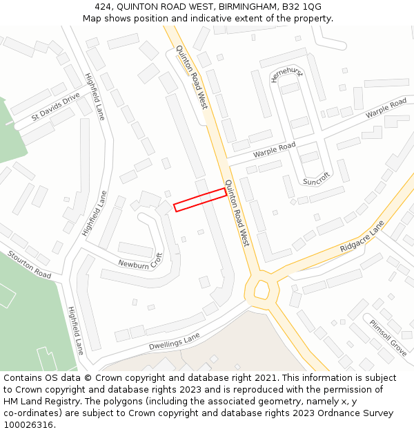 424, QUINTON ROAD WEST, BIRMINGHAM, B32 1QG: Location map and indicative extent of plot