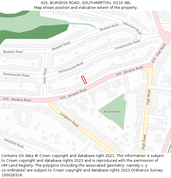 425, BURGESS ROAD, SOUTHAMPTON, SO16 3BL: Location map and indicative extent of plot