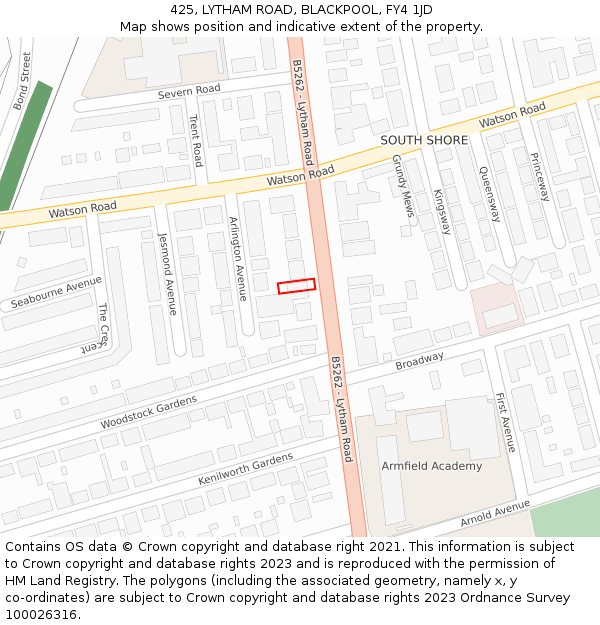 425, LYTHAM ROAD, BLACKPOOL, FY4 1JD: Location map and indicative extent of plot