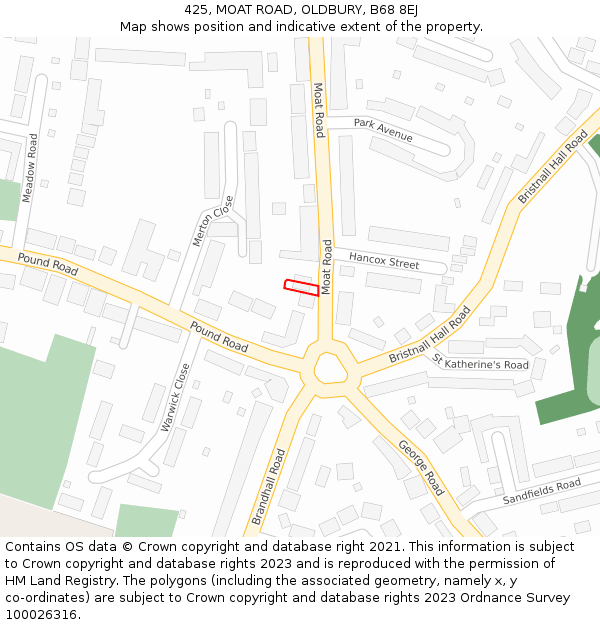 425, MOAT ROAD, OLDBURY, B68 8EJ: Location map and indicative extent of plot