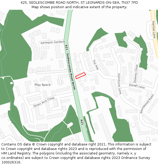 425, SEDLESCOMBE ROAD NORTH, ST LEONARDS-ON-SEA, TN37 7PD: Location map and indicative extent of plot