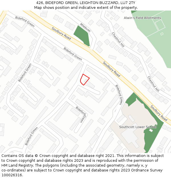 426, BIDEFORD GREEN, LEIGHTON BUZZARD, LU7 2TY: Location map and indicative extent of plot