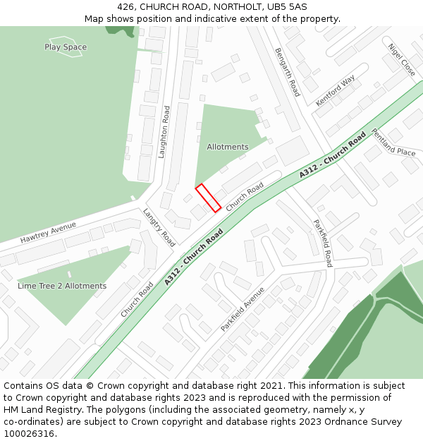 426, CHURCH ROAD, NORTHOLT, UB5 5AS: Location map and indicative extent of plot