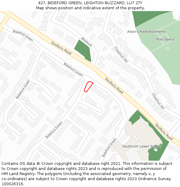 427, BIDEFORD GREEN, LEIGHTON BUZZARD, LU7 2TY: Location map and indicative extent of plot