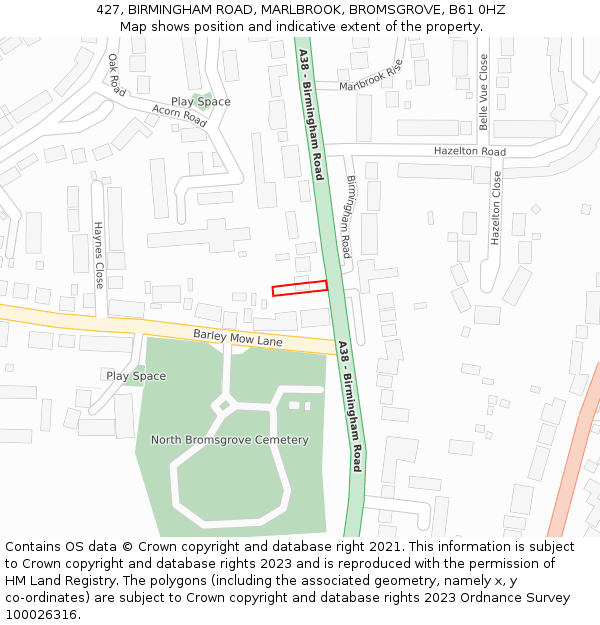 427, BIRMINGHAM ROAD, MARLBROOK, BROMSGROVE, B61 0HZ: Location map and indicative extent of plot