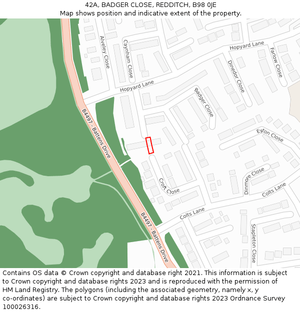 42A, BADGER CLOSE, REDDITCH, B98 0JE: Location map and indicative extent of plot