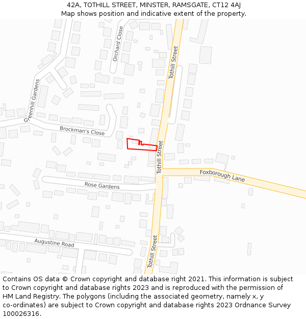 42A, TOTHILL STREET, MINSTER, RAMSGATE, CT12 4AJ: Location map and indicative extent of plot