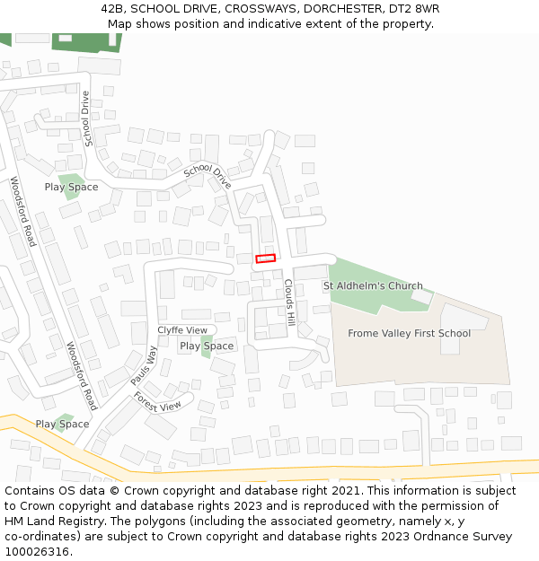 42B, SCHOOL DRIVE, CROSSWAYS, DORCHESTER, DT2 8WR: Location map and indicative extent of plot