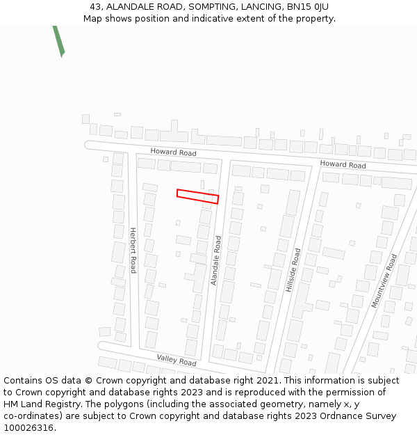 43, ALANDALE ROAD, SOMPTING, LANCING, BN15 0JU: Location map and indicative extent of plot