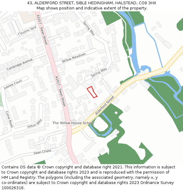 43, ALDERFORD STREET, SIBLE HEDINGHAM, HALSTEAD, CO9 3HX: Location map and indicative extent of plot