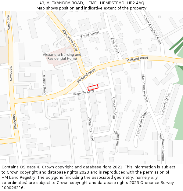 43, ALEXANDRA ROAD, HEMEL HEMPSTEAD, HP2 4AQ: Location map and indicative extent of plot