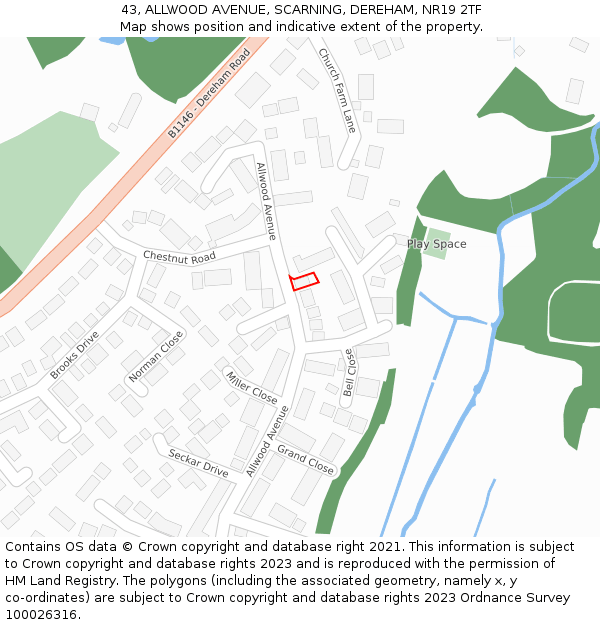 43, ALLWOOD AVENUE, SCARNING, DEREHAM, NR19 2TF: Location map and indicative extent of plot