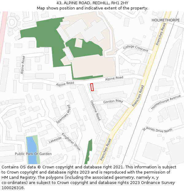 43, ALPINE ROAD, REDHILL, RH1 2HY: Location map and indicative extent of plot