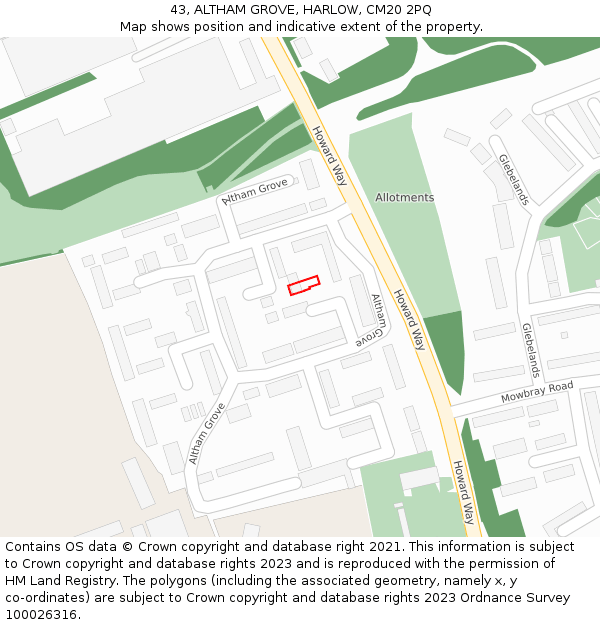 43, ALTHAM GROVE, HARLOW, CM20 2PQ: Location map and indicative extent of plot